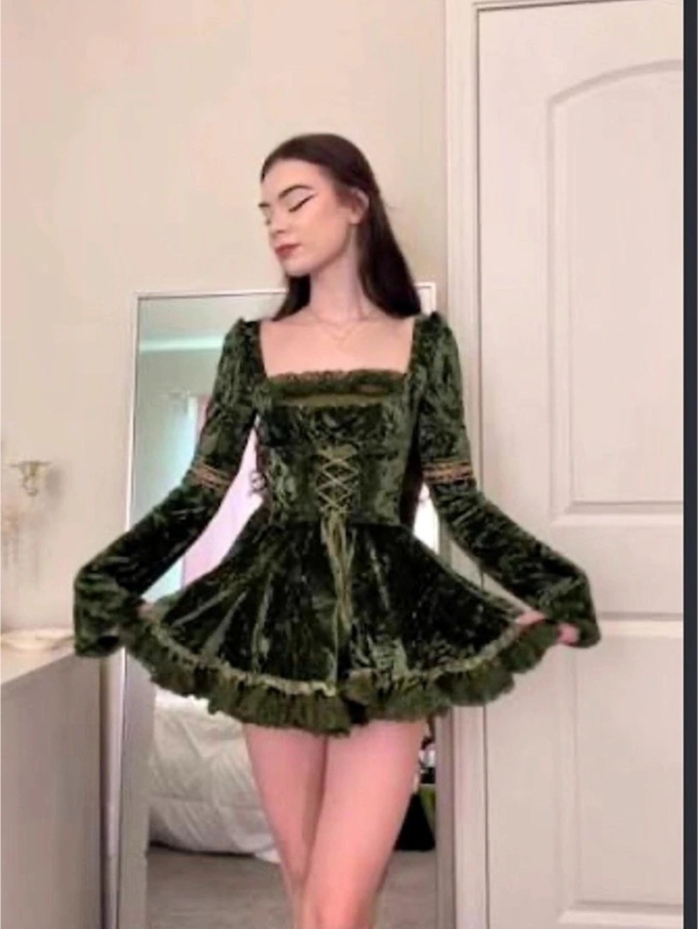 Velvet-Look Green Mini Dress Like New